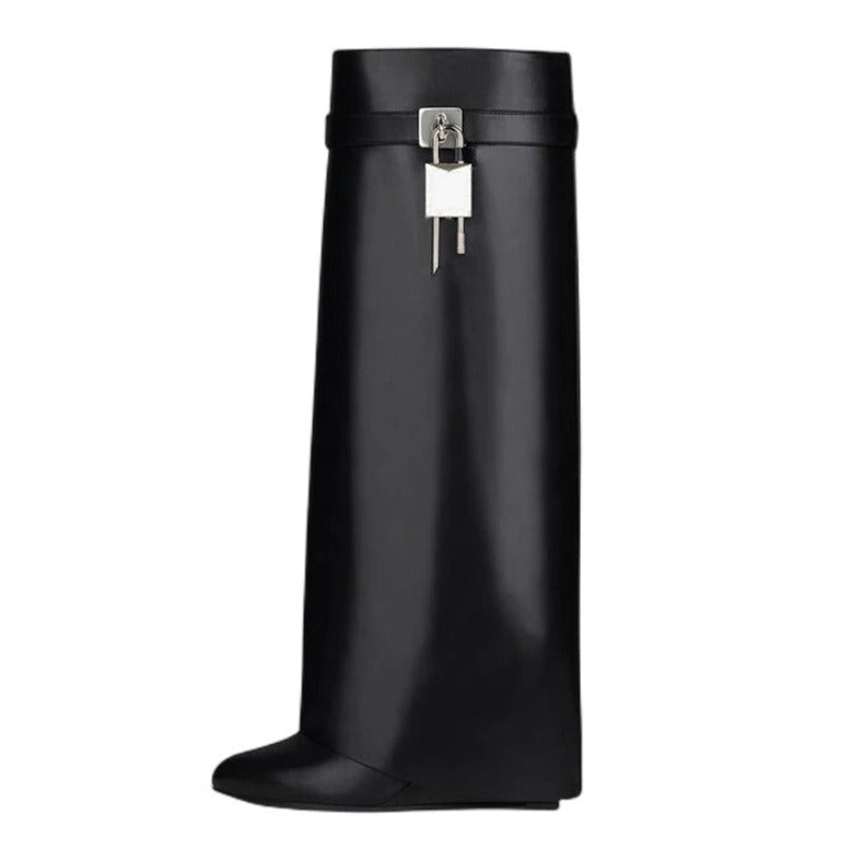Black Leather Shark Lock Boots – Shop Jewelle