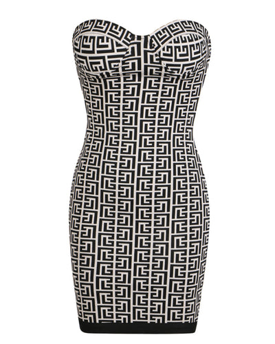 black and white jacquard strapless dress